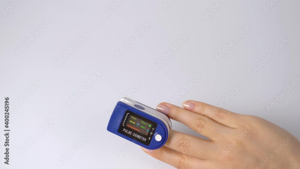 Close-up on a finger, putting on a pulse oximeter to check the pulse of the amount of oxygen in the blood. White background. Diagnosis of a patient by a doctor. Close-up on a finger, putting on a pulse oximeter to check the pulse of the amount of oxygen in the blood. White background. Diagnosis of a patient by a doctor.