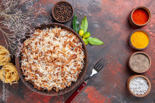 top view cooked rice with seasonings on dark background food dish dark photo meal