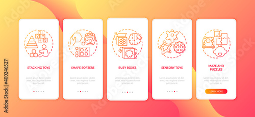 Baby toys red onboarding mobile app page screen with concepts. Busy box. Early childhood development walkthrough 5 steps graphic instructions. UI vector template with RGB color illustrations