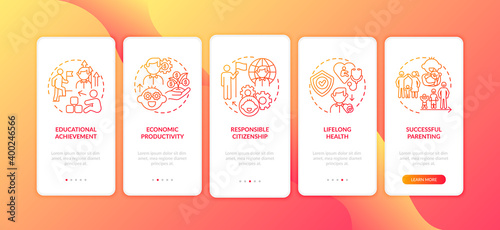 Childhood development red onboarding mobile app page screen with concepts. Personal responsibility growing up walkthrough 5 steps graphic instructions. UI vector template with RGB color illustrations