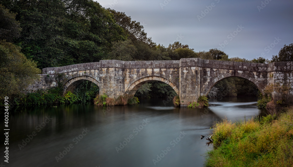 16th century Brandomil Bridge located in the town of Zas, Galicia, Spain