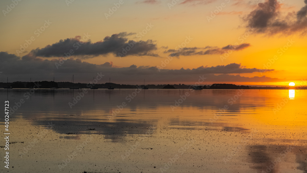 Brittany, panorama of the Morbihan gulf, sunrise