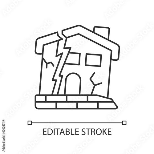 Dilapidated house linear icon. Abandoned buildings. Dangers in old houses. Derelict buildings. Thin line customizable illustration. Contour symbol. Vector isolated outline drawing. Editable stroke