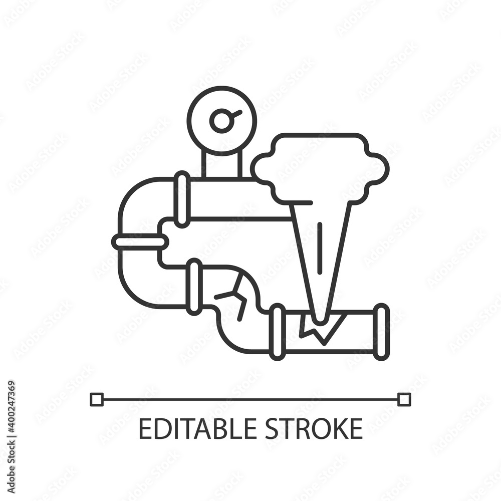 Gas leak linear icon. Damaged gas pipe. Carbon monoxide poisoning. Gas