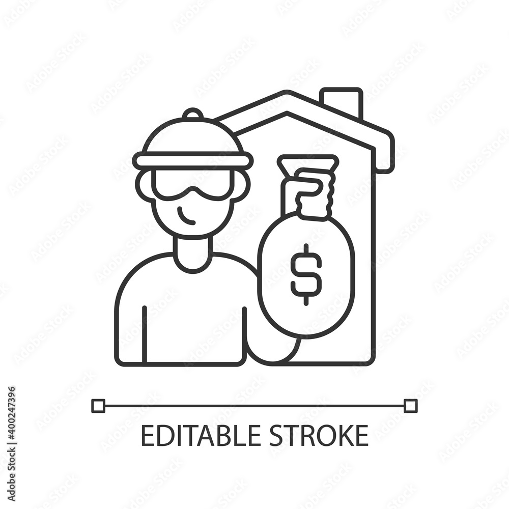 Theft linear icon. Home burglary and robbery. House invasion. Residence protection. Thin line customizable illustration. Contour symbol. Vector isolated outline drawing. Editable stroke Theft linear icon. Home burglary and robbery. House invasion. Residence protection. Thin line customizable illustration. Contour symbol. Vector isolated outline drawing. Editable stroke