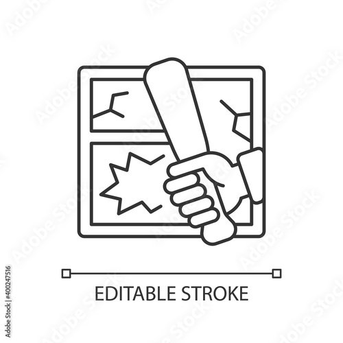 Vandalism linear icon. Property crime. Causing home damage and destruction. Breaking windows. Thin line customizable illustration. Contour symbol. Vector isolated outline drawing. Editable stroke