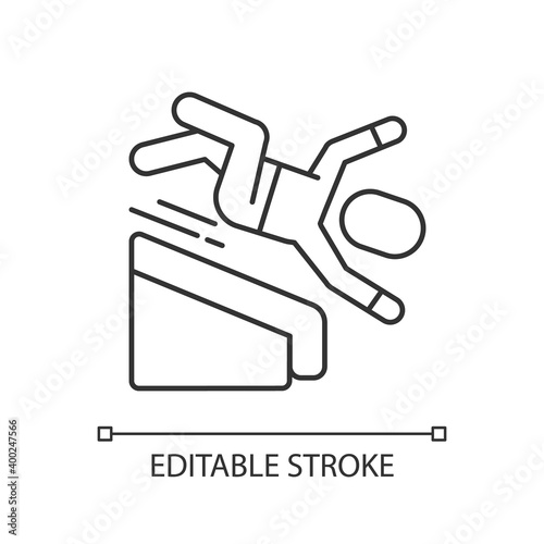 Falling from height linear icon. Fall risks. Slippery wet surfaces. Basement stairway. Thin line customizable illustration. Contour symbol. Vector isolated outline drawing. Editable stroke