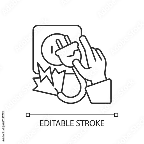 Electric shock linear icon. Faulty wiring. Touching overloaded electrical outlets. Thin line customizable illustration. Contour symbol. Vector isolated outline drawing. Editable stroke