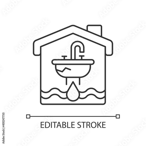 Water damage linear icon. Flooding and water leak. Structural, foundational damages. Thin line customizable illustration. Contour symbol. Vector isolated outline drawing. Editable stroke
