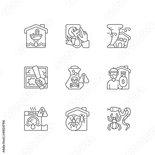 Home accidents prevention linear icons set. Water damage. Electric shock. Hurricane. Chemical poisoning. Customizable thin line contour symbols. Isolated vector outline illustrations. Editable stroke