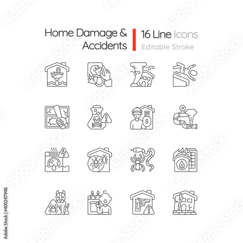 Home damage linear icons set. Preventing house hazards. Flooding, water leak. Electric shock. Fall risks. Customizable thin line contour symbols. Isolated vector outline illustrations. Editable stroke