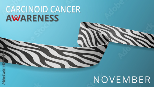 Realistic zebra print ribbon. Awareness carcinoid cancer month poster. Vector illustration. World rare diseases day solidarity concept. photo