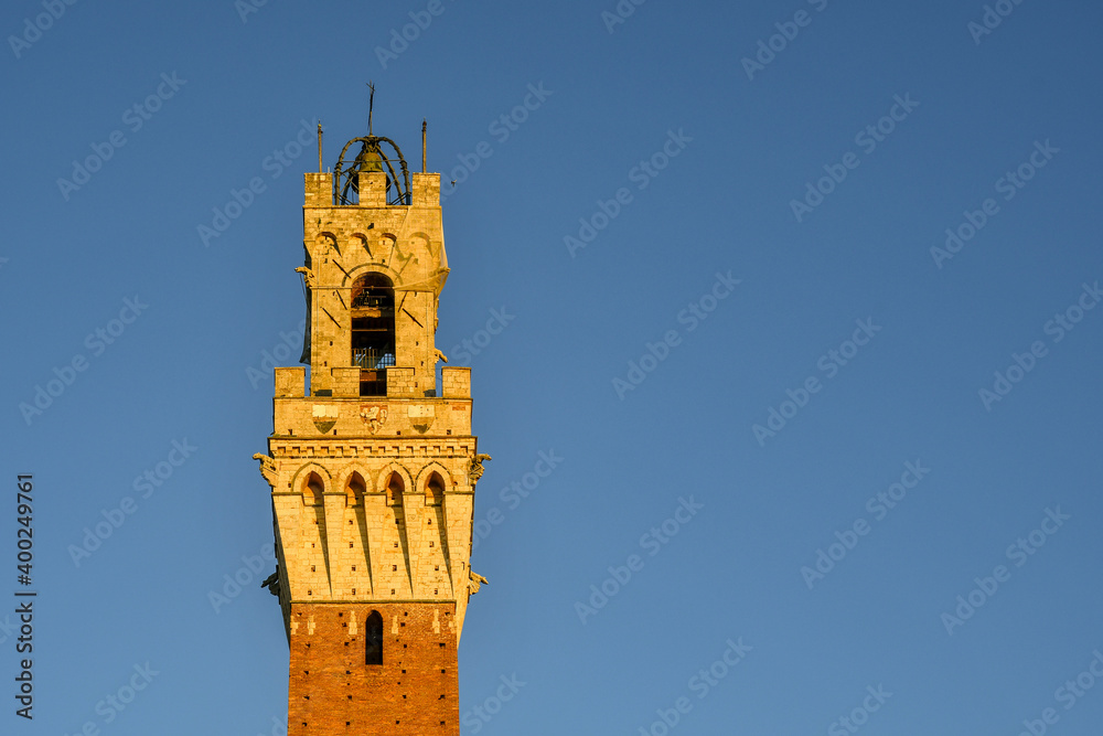 Top of the Torre del Mangia, a tower 102 meters high, built in 1338-1348 in the Piazza del Campo, Siena's premier square, adjacent to the Palazzo Pubblico (Town Hall), Siena, Tuscany, Italy