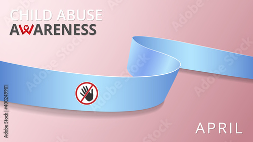 Realistic blue ribbon. Awareness child abuse prevention month poster. Vector illustration. World child abuse prevention solidarity concept. Pink background.