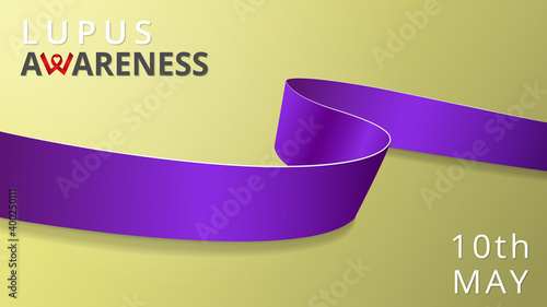 Realistic violet ribbon. Awareness lupus month poster. Vector illustration. World lupusr day solidarity concept. Symbol of pansreatitis, sarcoidosis, lupus, cystic fibrosis.