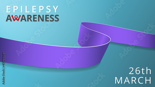 Realistic lavender ribbon. Awareness epilepsy month poster. Vector illustration. World epilepsy day solidarity concept. Blue background. Symbol of cancer.