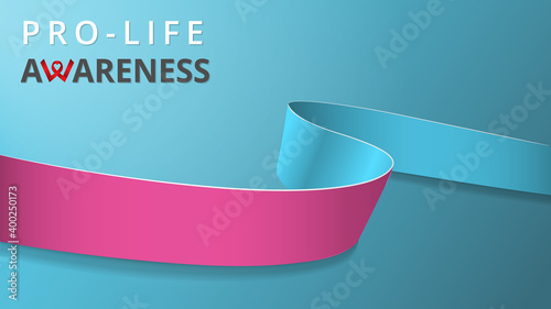 Realistic pink and blue ribbon. Awareness pro-life month poster. Vector illustration. World pro-life day solidarity concept. Blue background. Symbol of genital enlargement, infertility.