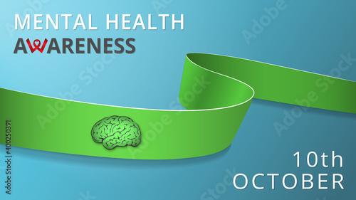 Realistic lime green ribbon. Awareness mental health month poster. Vector illustration. World mental health day solidarity concept. Three-dimensional human brain with shadow.