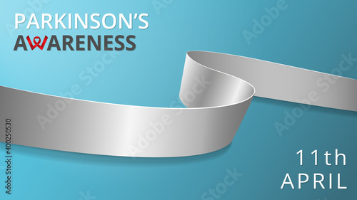 Realistic silver ribbon. Awareness Parkinson's disease month poster. Vector illustration. World Parkinson day solidarity concept. Teal background. Symbol of neurological disease dyslexia brain cancer.