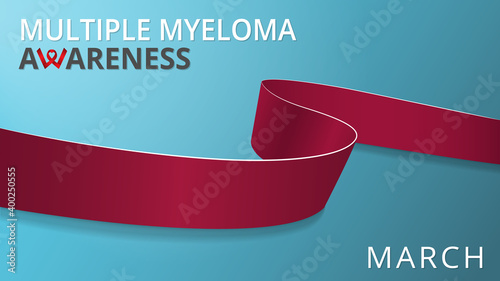 Realistic dark red ribbon. Awareness multiple myeloma month poster. Vector illustration. World multiple myeloma day solidarity concept. Teal background. Symbol of invaild people, amyloidosis. photo