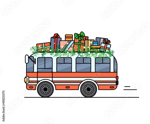 Christmas bus carrying gifts on the roof. Vector isolated on a white background.