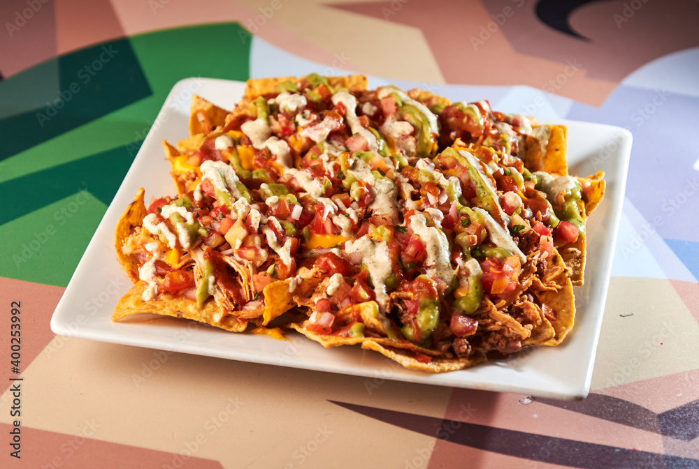 Close up view of chicken nacho tortilla with cream sauce