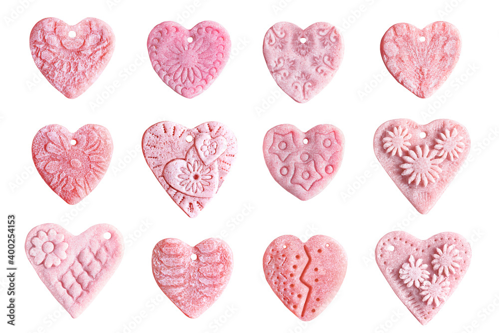 Set of pink hearts isolated on white background