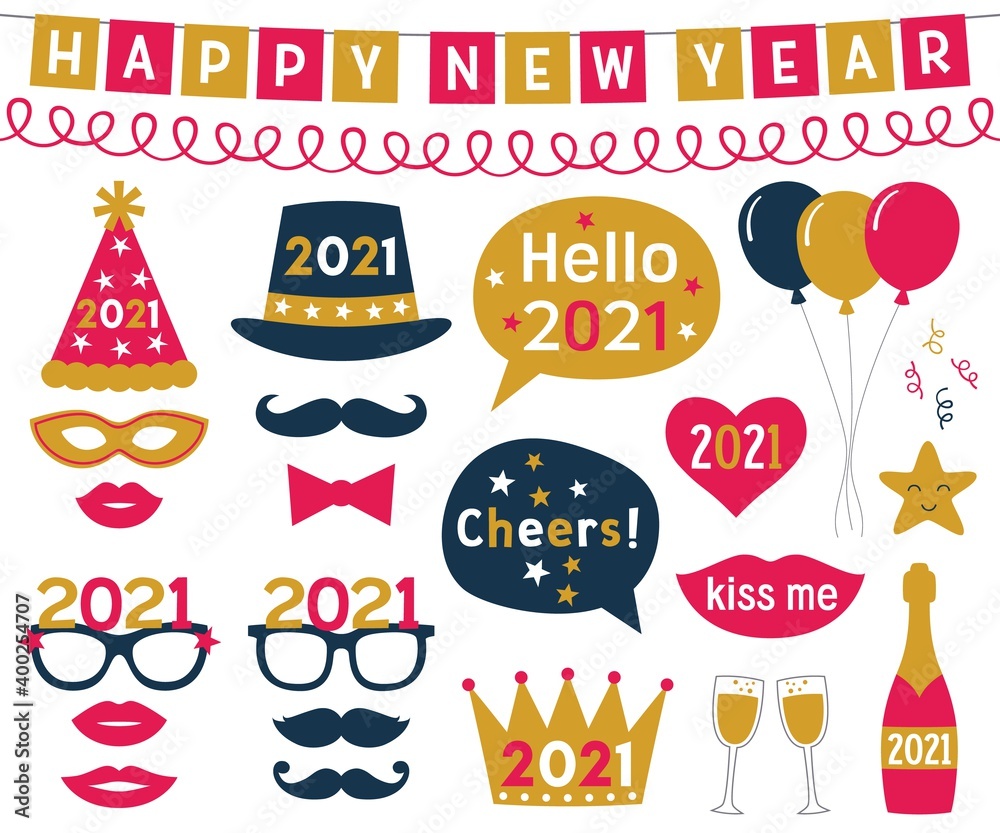 New Year 2021 vector photo booth props set New Year 2021 vector photo booth props set
