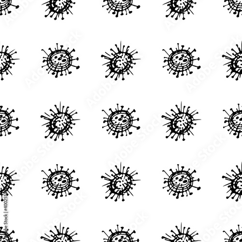 Seamless pattern of coronavirus microbes. Coronavirus 2019-nCoV. Doodle simple line elements from a medical concept. Editable vector stroke microbe. Virus, bacteria. Hand drawn illustration.