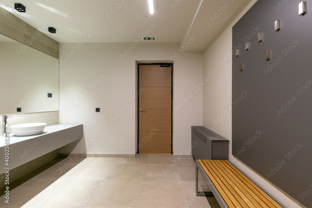 Bathroom interior in gym fitness center Bathroom interior in gym fitness center