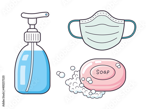 Hand sanitizer gel bottle dispenser, medical face mask and soap bar with foam isolated cartoon vector icons set, COVID-19 coronavirus protection.
