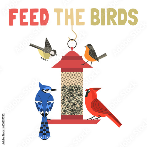 Bird feeding flat color vector poster