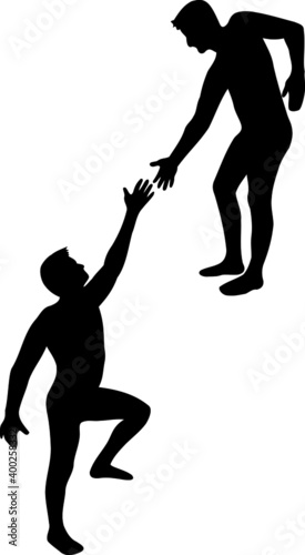 Revenue and mutual assistance. Black silhouettes of two men stretch out their hands to help each other climb to the height. Vector help illustration on a white background isolated.