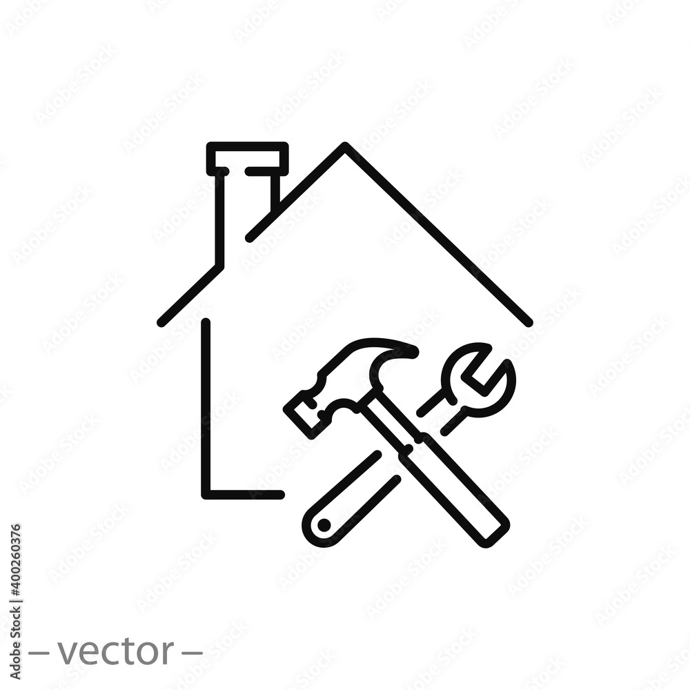 home repair icon, building maintenance service, house construction work, thin line symbol on white background - editable stroke vector illustration eps10 home repair icon, building maintenance service, house construction work, thin line symbol on white background - editable stroke vector illustration eps10
