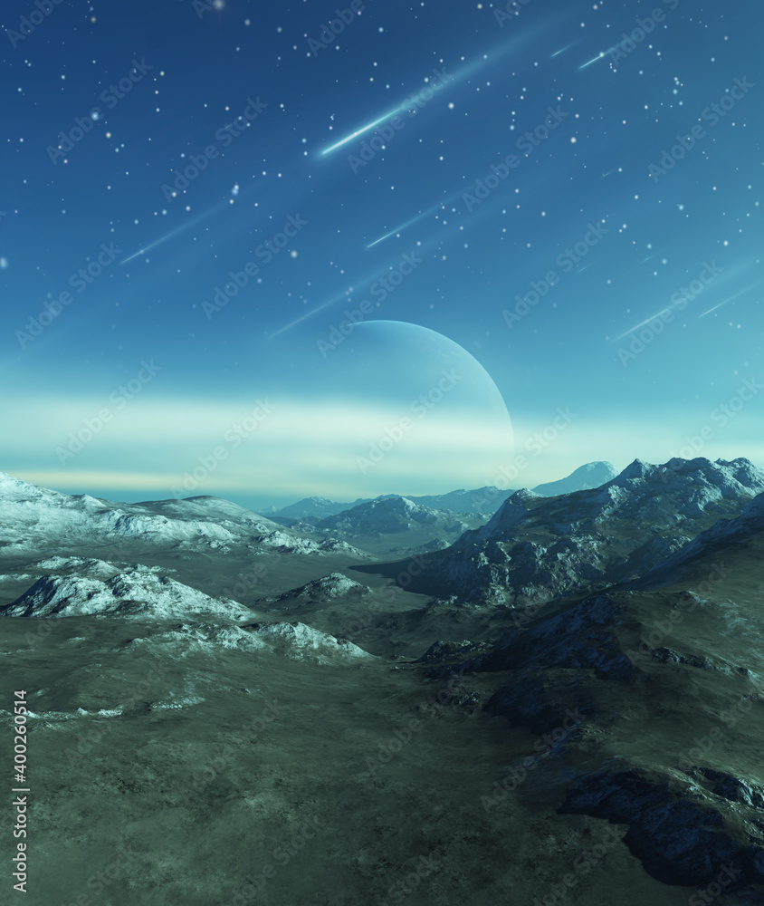 3d rendered Space Art: Alien Planet - A Fantasy frozen landscape with planets and blue skies