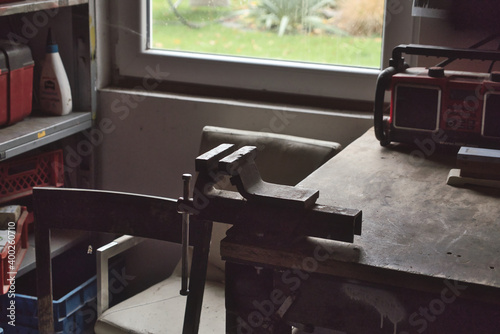 Bench Vice Clamp on Workshop Table
