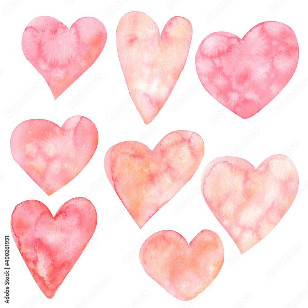 Watercolor Hand Drawn Set of Pink Hearts Valentine's Day Illustration Collection