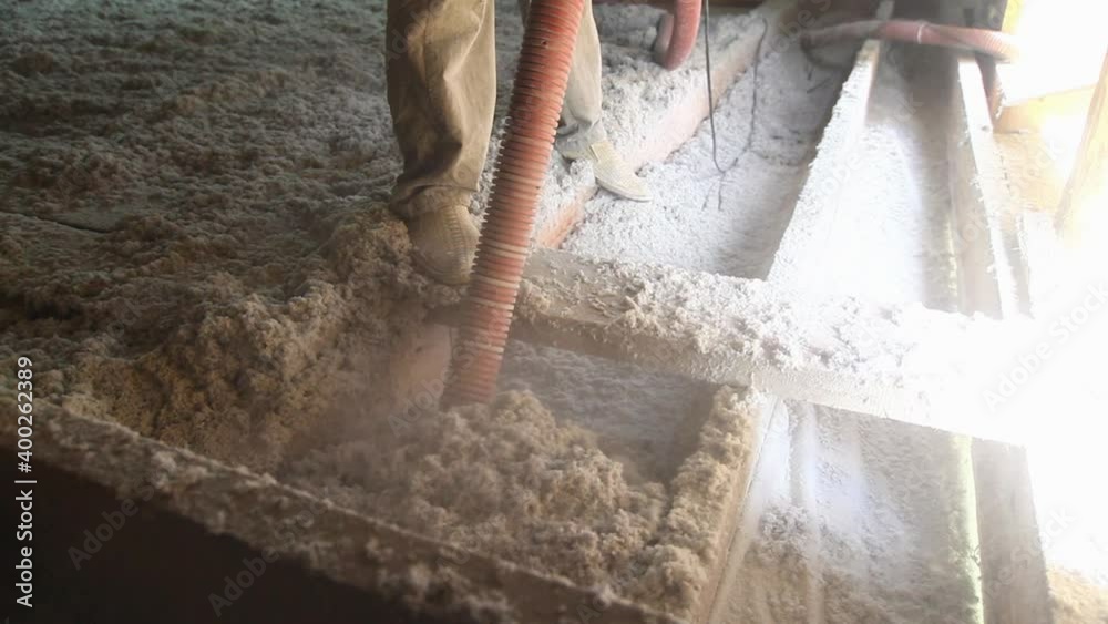 Thermal insulation with cellulose. Spraying in the attic, house ceiling