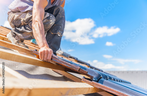 ceramic roof tiles in a new building. copy space photo