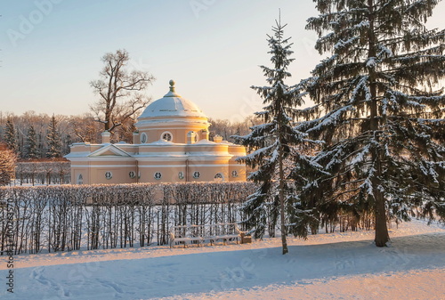 Winter frosty evening in the snow-covered Tsarskoye Selo park