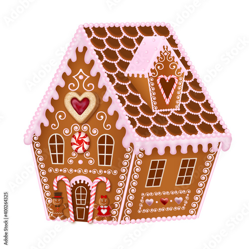 Valentine gingerbread house with candies and gingerbread cookies