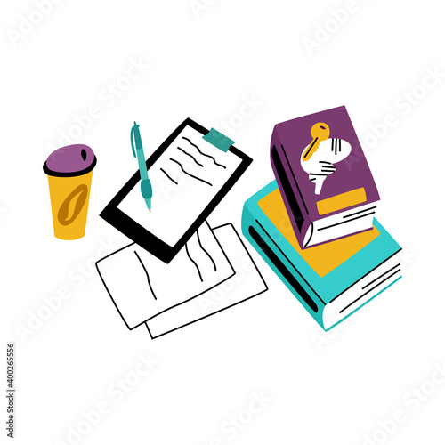 Vector flat illustration with desktop of neurologist, psychiatrist, psychotherapist, psychologist. There are books, textbooks, documents, sheets, tablet coffee mug pen