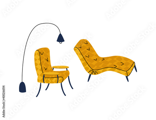 Vector illustration with specialized vintage furniture in office, psychotherapy, psychology.