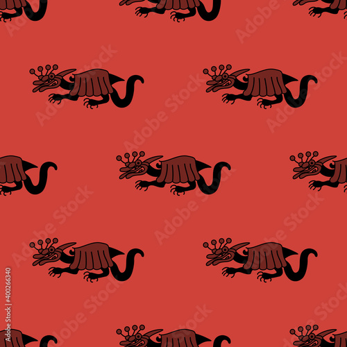 Seamless geometrical animal pattern with fantastic dragons. Ancient Peruvian Native American Indigenous motif of Mochica or Moche Indians.