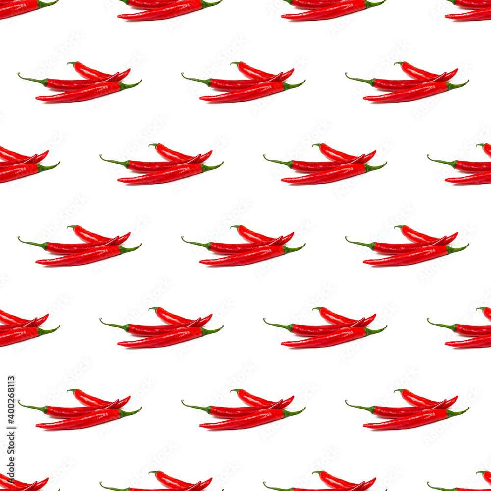 Red chili pepper repeat seamless pattern on white background. Red chili pepper repeat seamless pattern on white background.