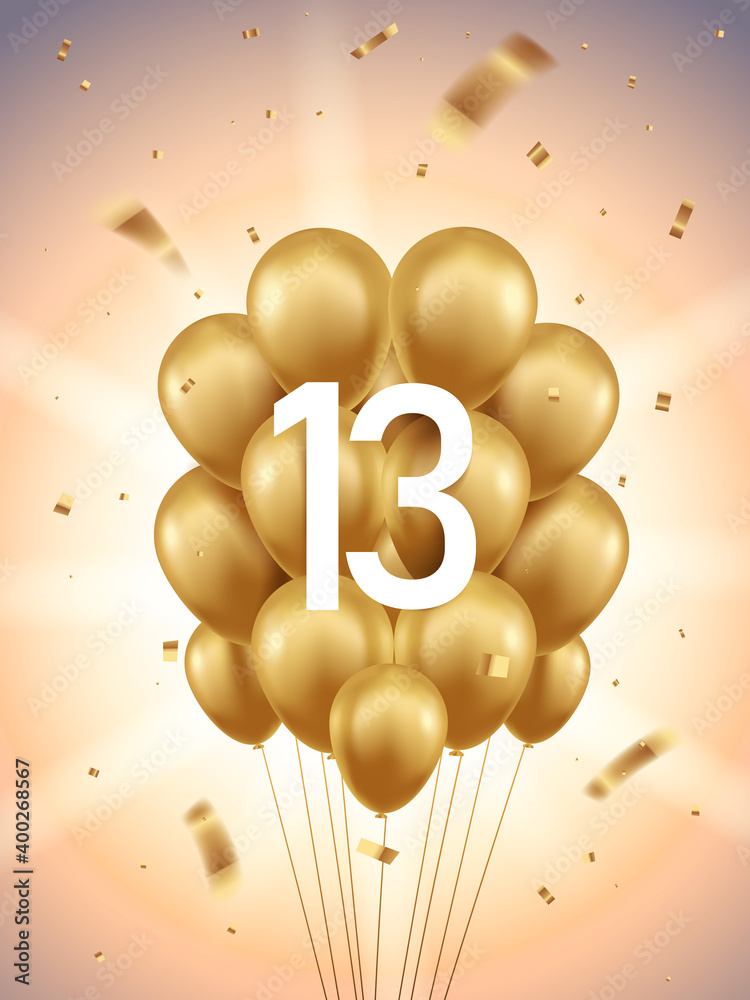 Obraz premium 13th Year anniversary celebration background. Golden balloons and confetti with sunbeams in background. 