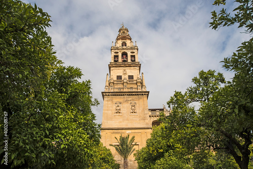 Spain, Andalusia, Cordoba, Minaret of Great Mosque of C√≥rdoba behind trees photo
