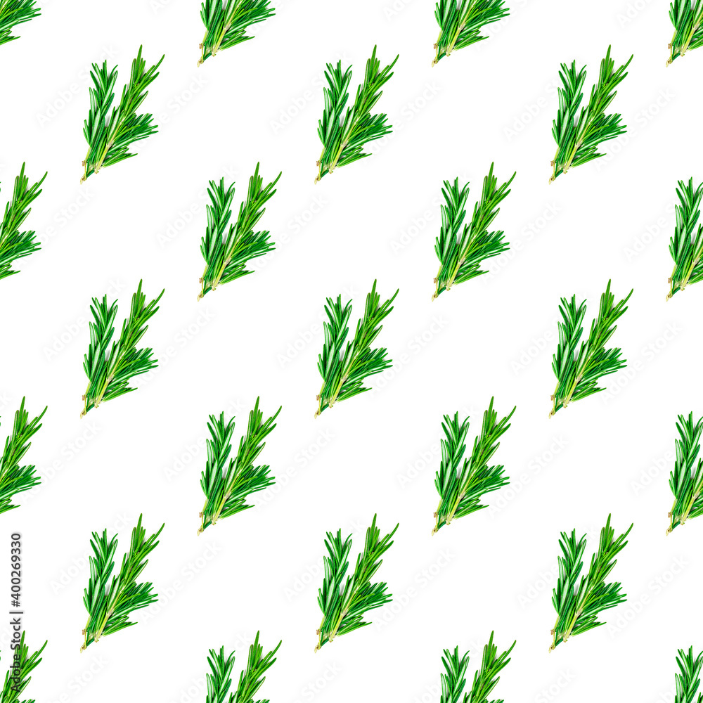 Fototapeta premium Fresh green rosemary leaves, twigs and branches seamless pattern on white background.