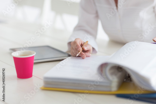 Woman filling documents