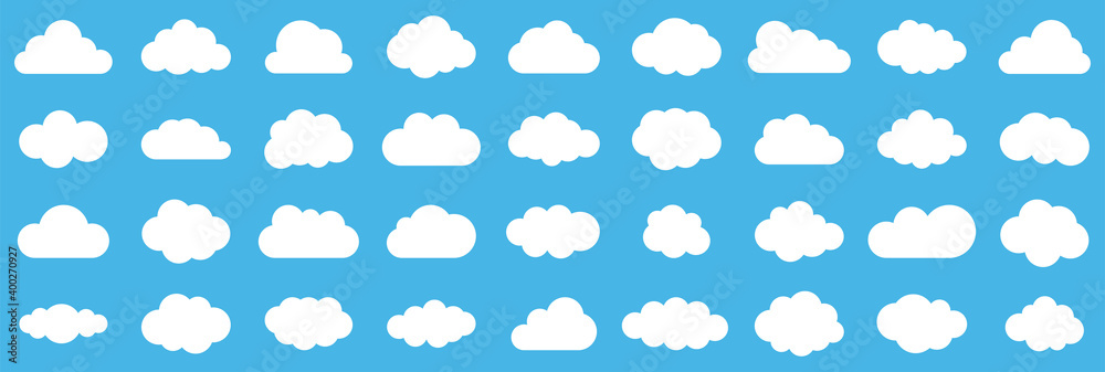 Fototapeta Set of clouds.Abstract white cloudy set isolated on blue background. Different shape cartoon white clouds on blue background. Cloud vector set. Vector illustration